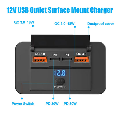 90W 3 Ports Dual PD Car Charger Socket with ON OFF Switch 18W QC3.0 Fast Charging for Motorbike Car Boat ATV UTV Camper Caravans