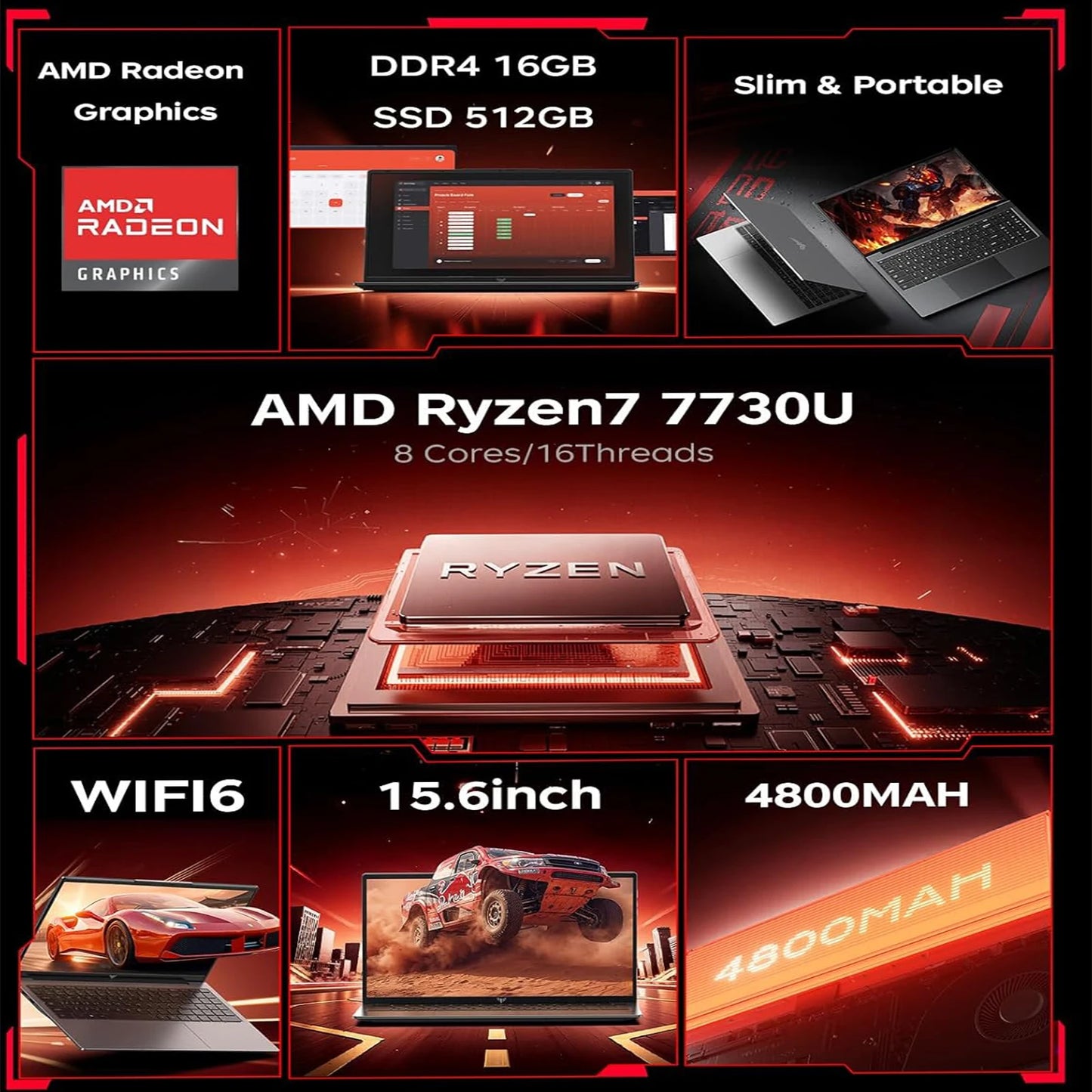 KAMRUI LX15PRO AMD Ryzen7 7730U 15.6 Gaming Laptop 16GB DDR4 RAM 512GB SSD WiFi 6 Windows 11 Laptops Computer for Video Editing