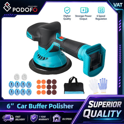 Podofo 6 Gear 5500 RPM Cordless Brushless Car Polisher 6 In 1 Mini Car Buffers Polishers Kit Fit Makita Battery Orbital Polisher For Car Boat Detailing, Polishing, Scratch Removing Without Battery With Storage Bag
