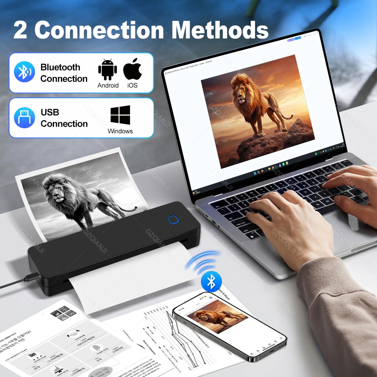 Mini Portable A4 Thermal Printer Bluetooth-compatible Photo PDF Printing Machine Folded Rolls Paper for Office Home Travel