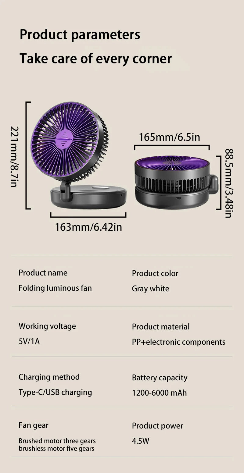Lenovo 5000mAh 3IN1 Rechargeable Multifunctional Portable Fan Wall Mounted Fan 90° Folding Fan 4 Gears With Warm Night Light