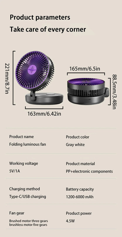 Lenovo 5000mAh 3IN1 Rechargeable Multifunctional Portable Fan Wall Mounted Fan 90° Folding Fan 4 Gears With Warm Night Light