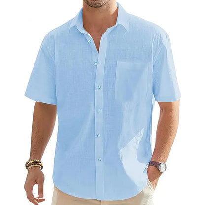Men's Solid Color Cotton Linen Short Sleeve Shirts Vacation Beach Summer Tops with Pocket Casual Lightweight Button Shirts