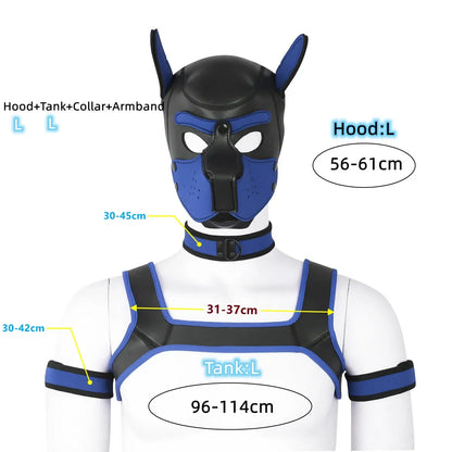 XL Large Size Puppy Cosplay Neoprene Fetish Hood Mask Kit with Chest Strap Collar Armband Sex Costumes for Bdsm Slave Role Play