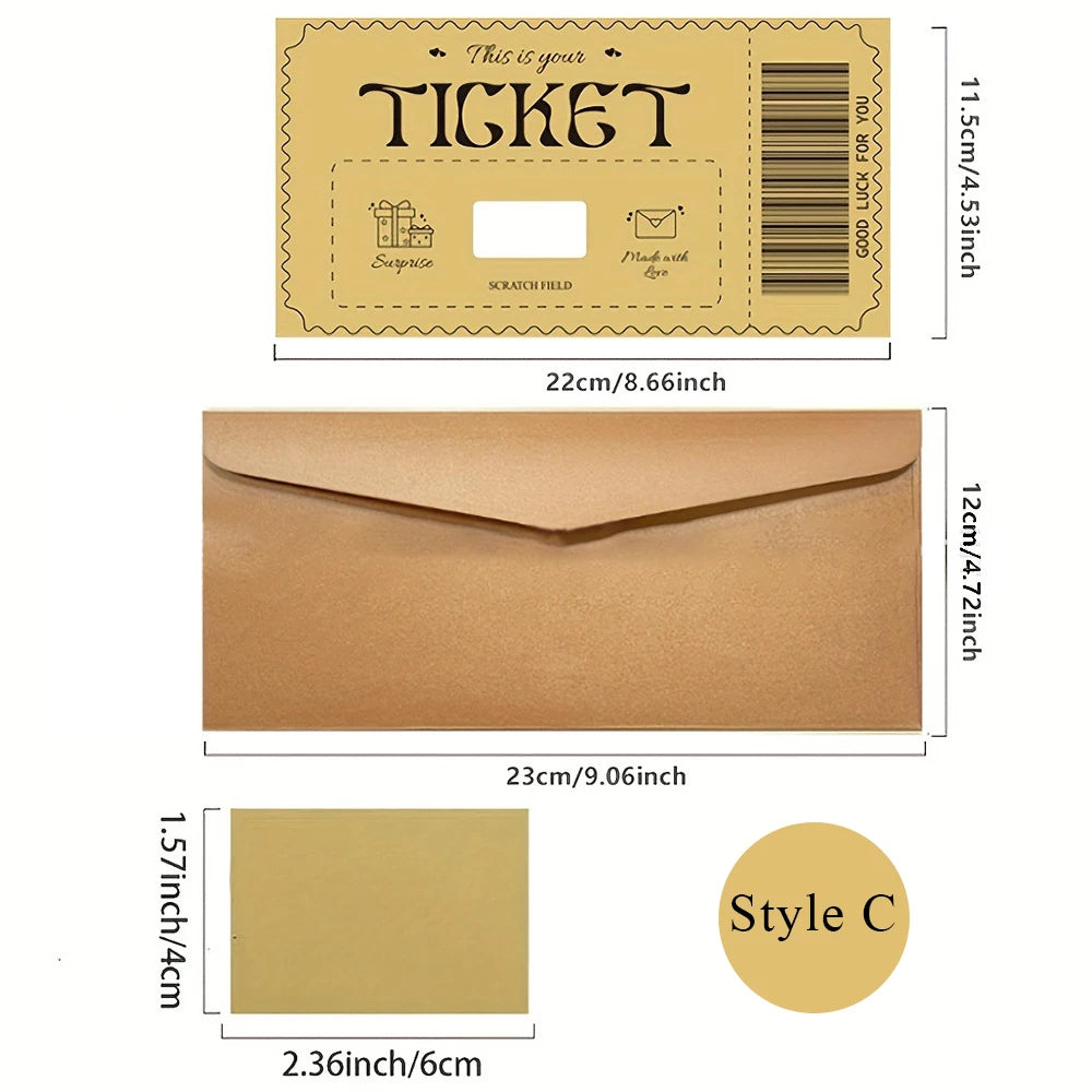 3pcs/set Golden Ticket Scratch Card Scratch-off Travel Ticket Set with Envelopes Surprise Reveal Ticket Gift for Valentine's Day