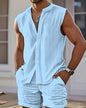 Men's Summer Casual Beach Stand-Up Collar Set Jacquard Solid-Color Sleeveless Shirt And Shorts Fashionable Comfortable Two-Piece