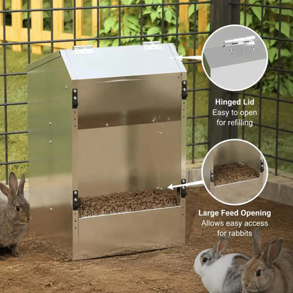 33.5x25.5x45.5 Cm Rabbit Feeder, Galvanized Steel Automatic Food Dispenser, Easy To Clean Large Capacity, Indoor Outdoor Use, Silver