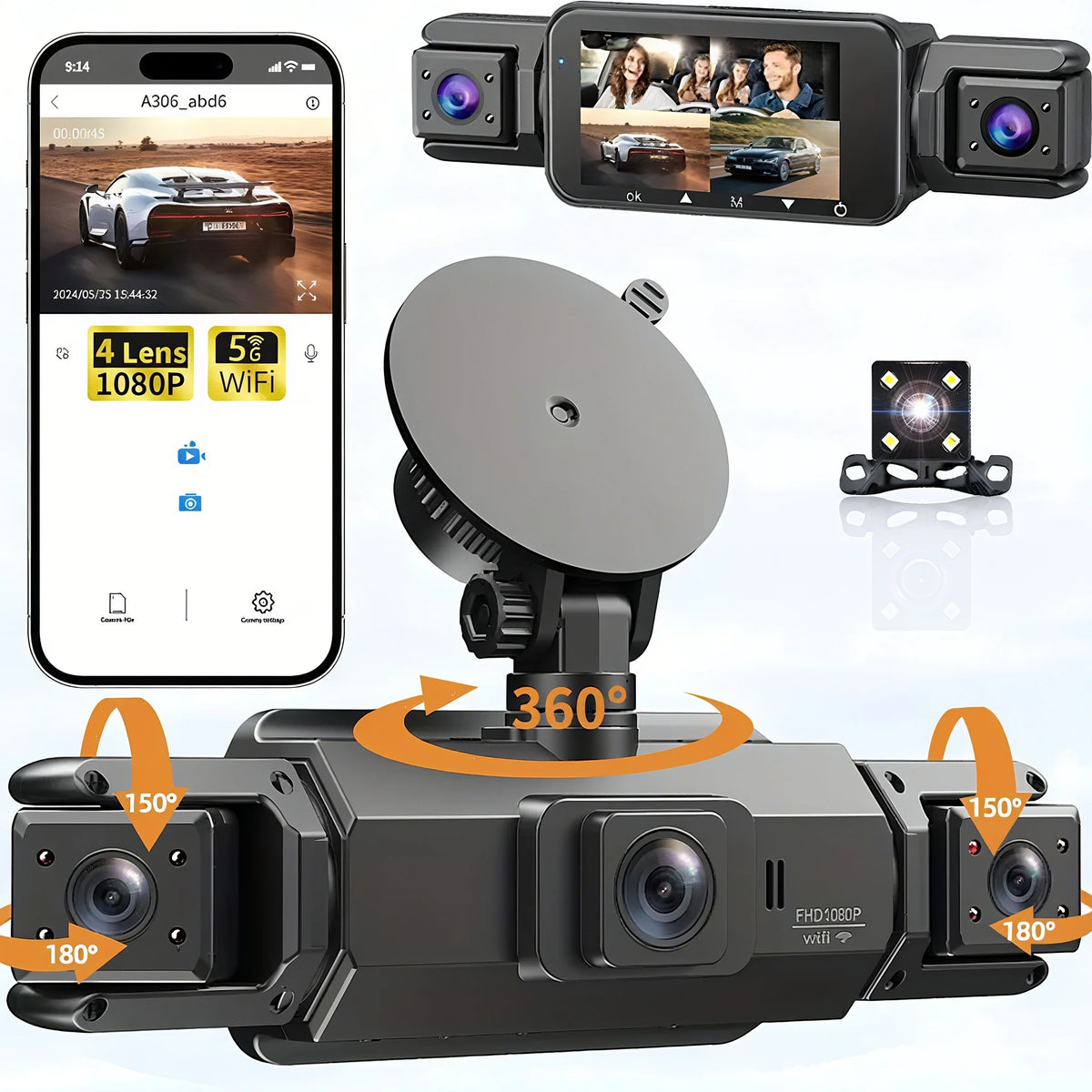 Dashcam 4 Channels WiFi Car DVR Dashboard Cameras for Car Way Back Box Parking Mode 24H Front and Rear Interior 360 Dash Cam