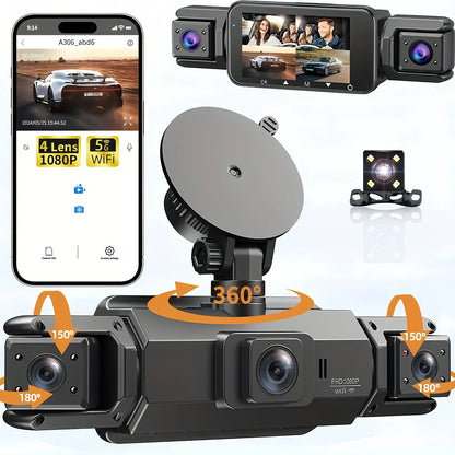 Dashcam 4 Channels WiFi Car DVR Dashboard Cameras for Car Way Back Box Parking Mode 24H Front and Rear Interior 360 Dash Cam