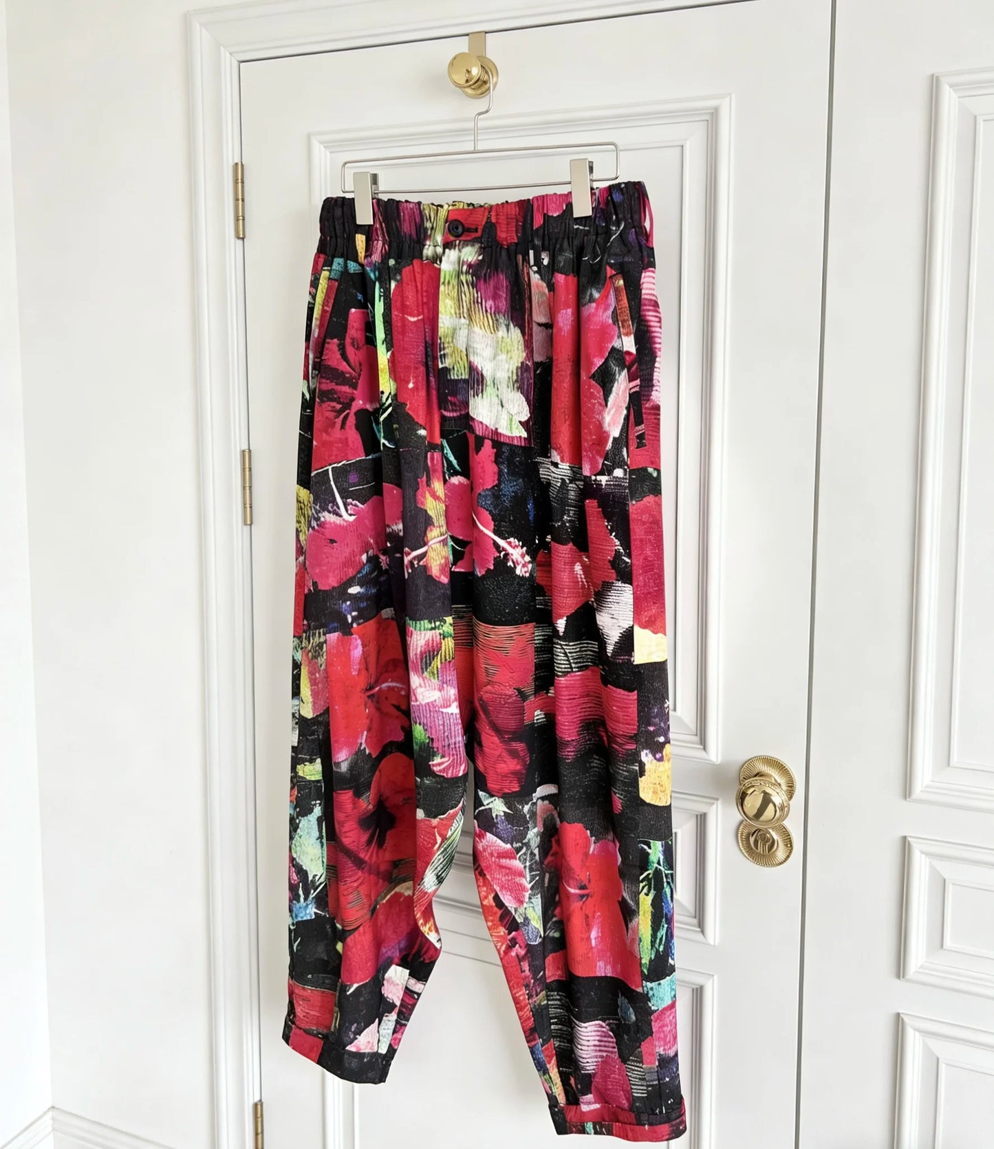 TOP-YAMAMOTO original design floral printed linen ankle corner pants, loose and tight waist nine-inch pants