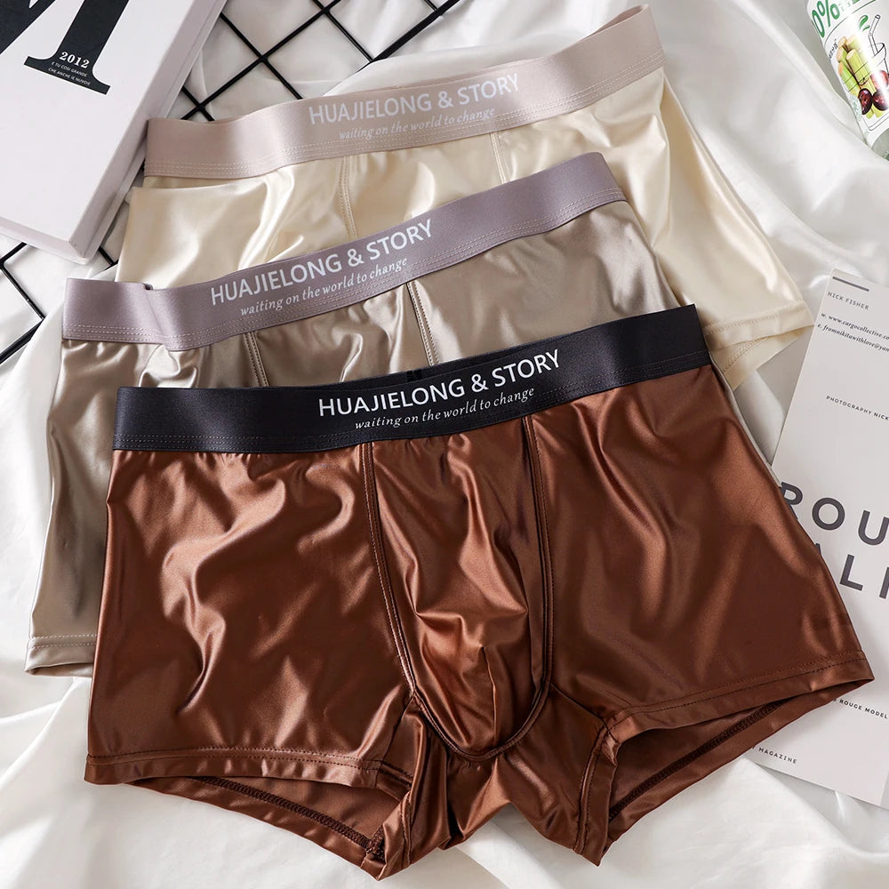 1/3Pcs Breathable Thin Satin Silk Boxer Briefs Seamless Mid Waist Ice Silk Boxers Underpants Smooth Underwear for Men Daily