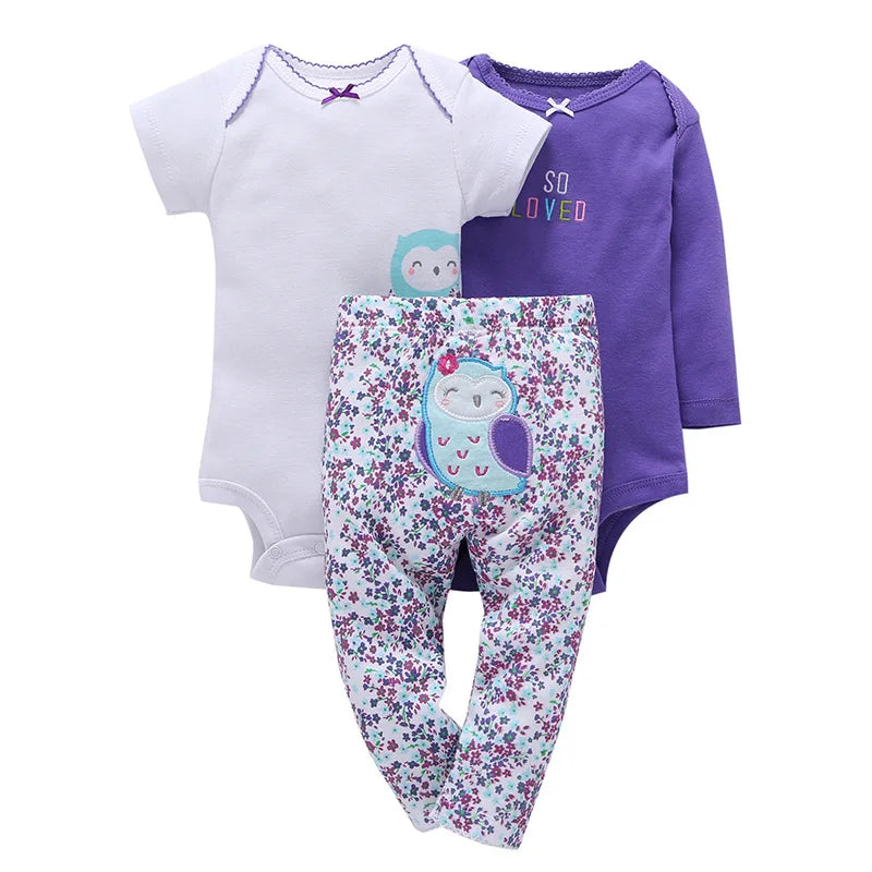 Lovely Baby Boy bodysuits 3Pcs/sets Long Sleeved Clothes PP Pant Cotton Infant Sporty Girl Short Sleeved Bodysuits