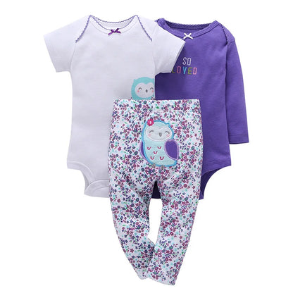 Lovely Baby Boy bodysuits 3Pcs/sets Long Sleeved Clothes PP Pant Cotton Infant Sporty Girl Short Sleeved Bodysuits