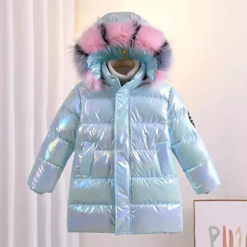 Winter Girls Shiny Hooded Down Jacket Fur Collar Windproof Coat Teenage Outerwear Kids Parka Snowsuit Clothing New 5-14 Years