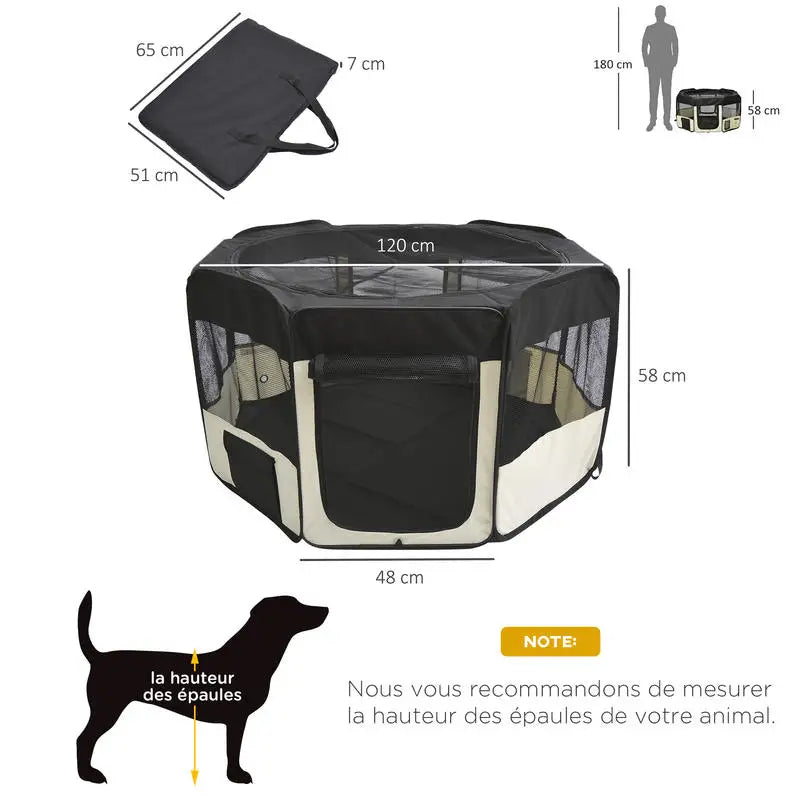 Foldable Enclosed Playpen for Dog Cat Small Animals Octagonal in Oxford Fabric and Steel - Ø 120 X 58H cm - Black and Cream
