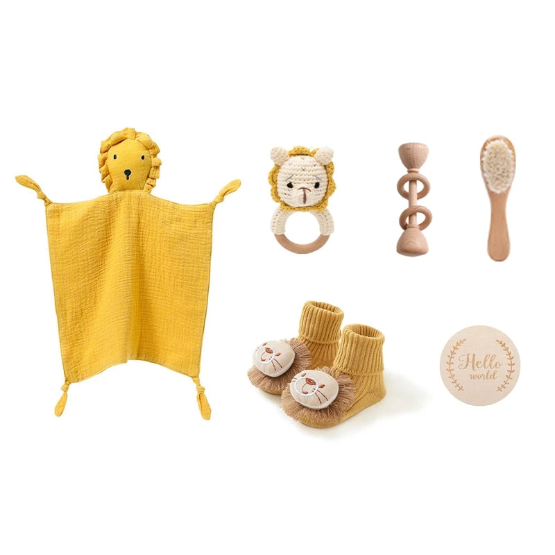 Newborn Baby Bath Set with Double Sided Cotton Blanket Face Saliva Towel Crochet Rattle Toy Wool Brush,Gift Box for Baby Shower