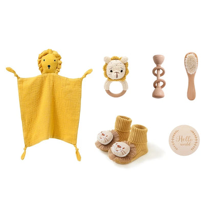 Newborn Baby Bath Set with Double Sided Cotton Blanket Face Saliva Towel Crochet Rattle Toy Wool Brush,Gift Box for Baby Shower