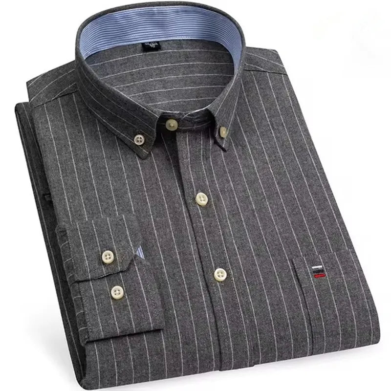 Men's Versatile Casual Checkered Oxford Cotton Shirts Single Pocket Long Sleeve Standard-fit Button Down Gingham Striped 7XL 6XL