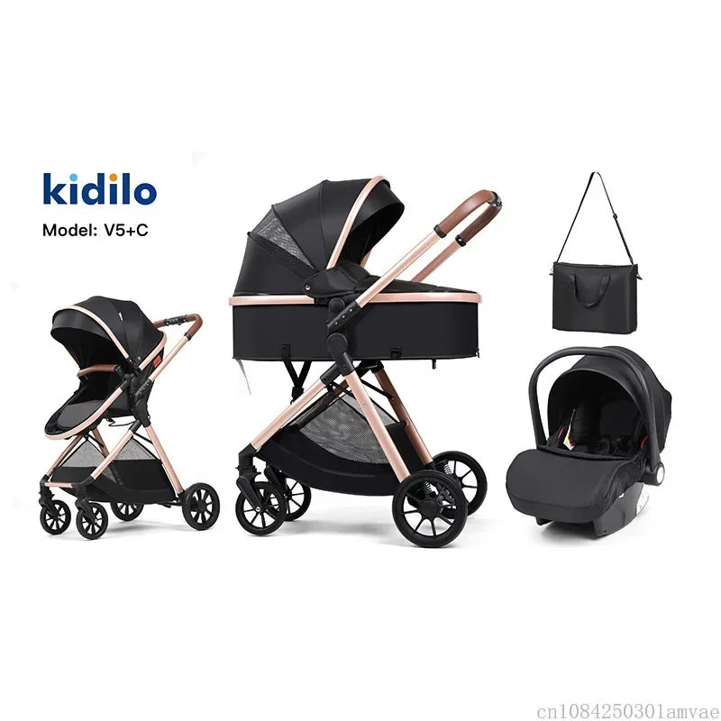 3-in-1 baby stroller, high landscape stroller, equipped with car seat, mom bag, one click folding, can sit and lie down