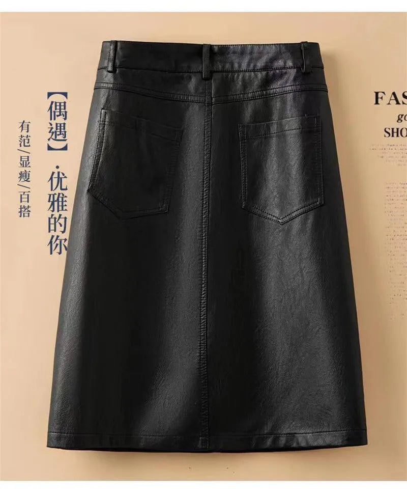 Spring Autumn Winter Leather Skirt Women New Fashion Black Brown High Waist PU A-Line Skirts Large Size S-5XL Female Midi Skirts