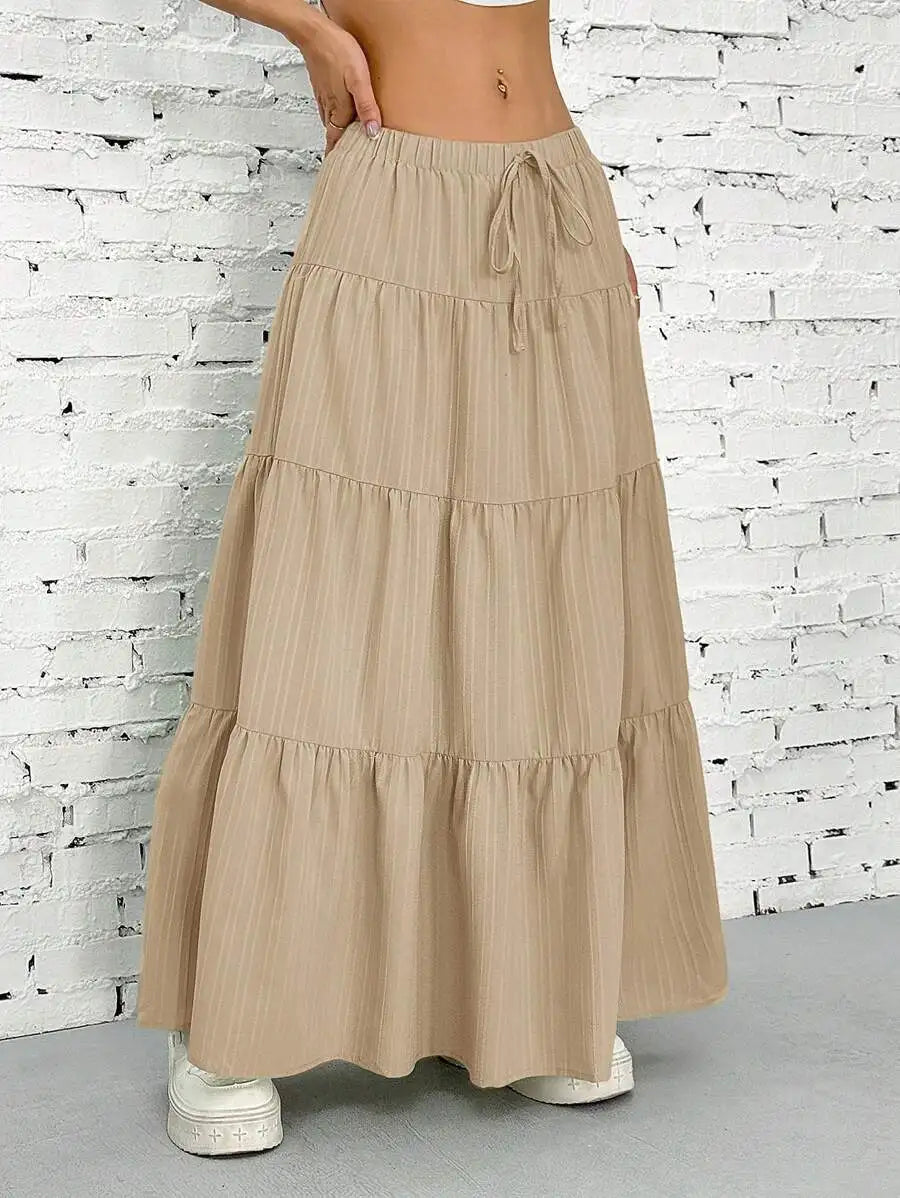 European and American Cross-Border New Style Wish Spring and Summer Women's Skirts, Tie-Strap Spliced Flared Skirts, Loose Long