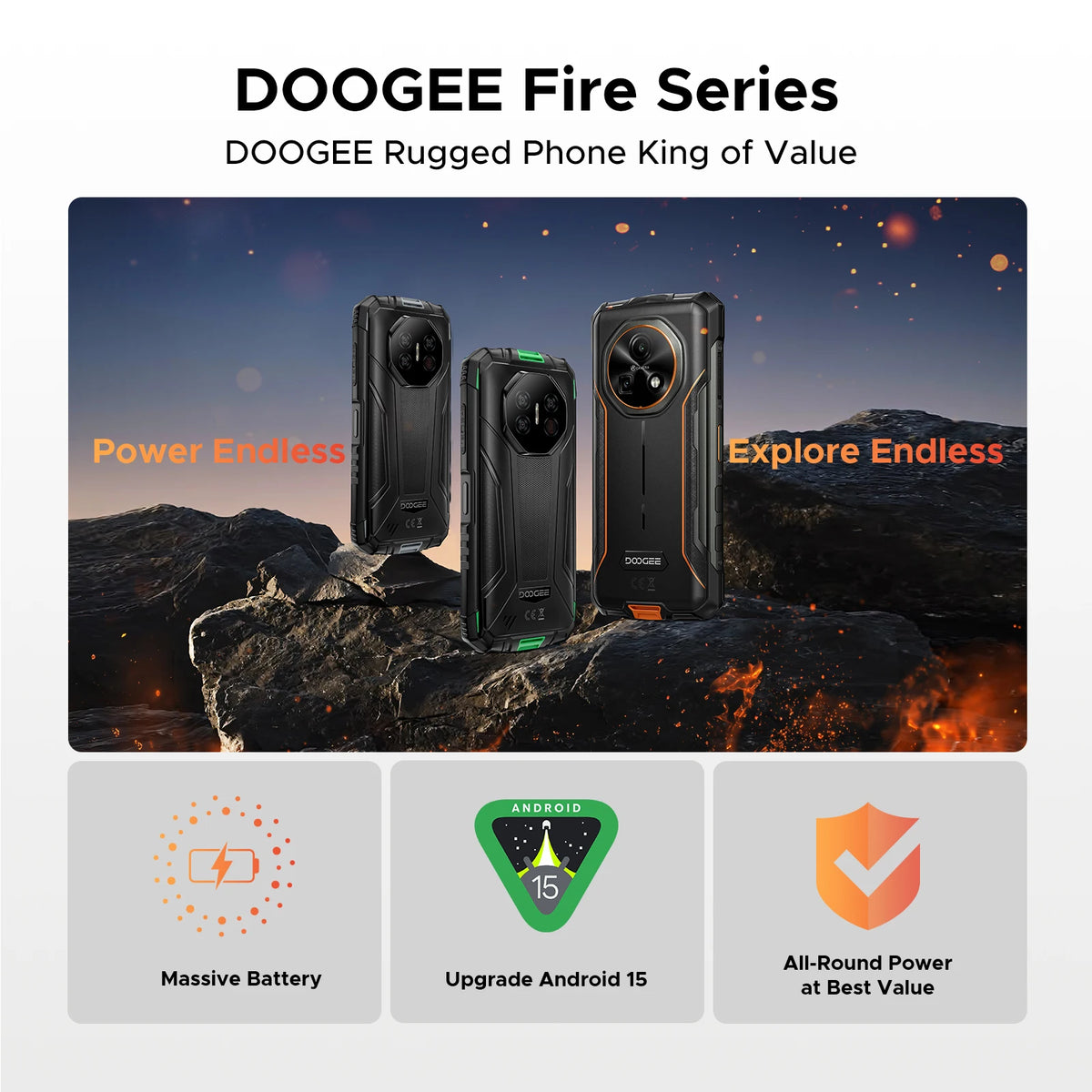 DOOGEE Fire 7 Ultra 5G Rugged Phone POC Walkie Talkie Mobile Phone 13000mAh Battery 32GB RAM (8+24) 256GB ROM Dimensity 6300 NFC