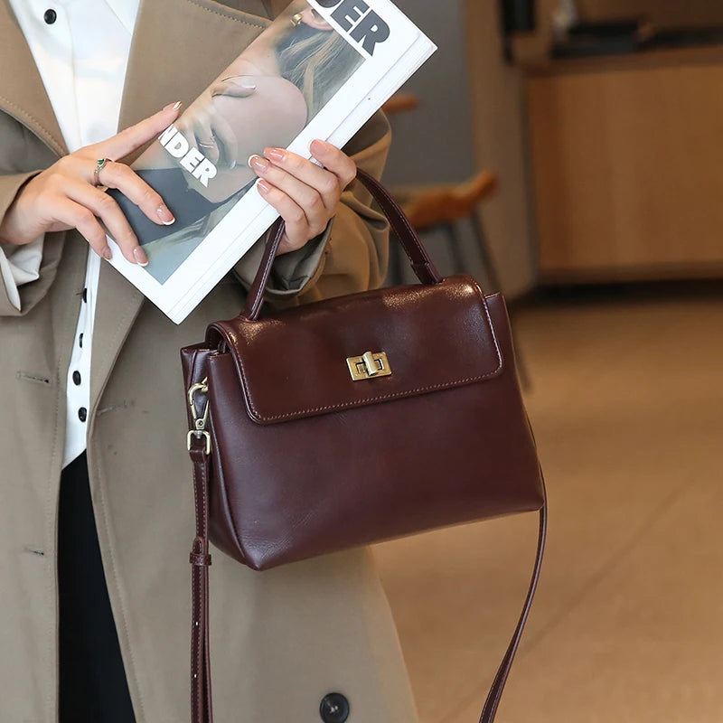 Genuine Leather Top Handle Crossbody Bag for Women Vintage Oil Wax Leather Shoulder Bag Small Luxury Designer Satchel Handbag