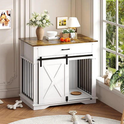 Garvee Modern Farmhouse Wooden Dog Crate Furniture, Double Sliding Door Pet Kennel End Table with Two Storage Drawers, Indoor Decorative Dog Cage, Easy Assembly for Small & Medium Dogs