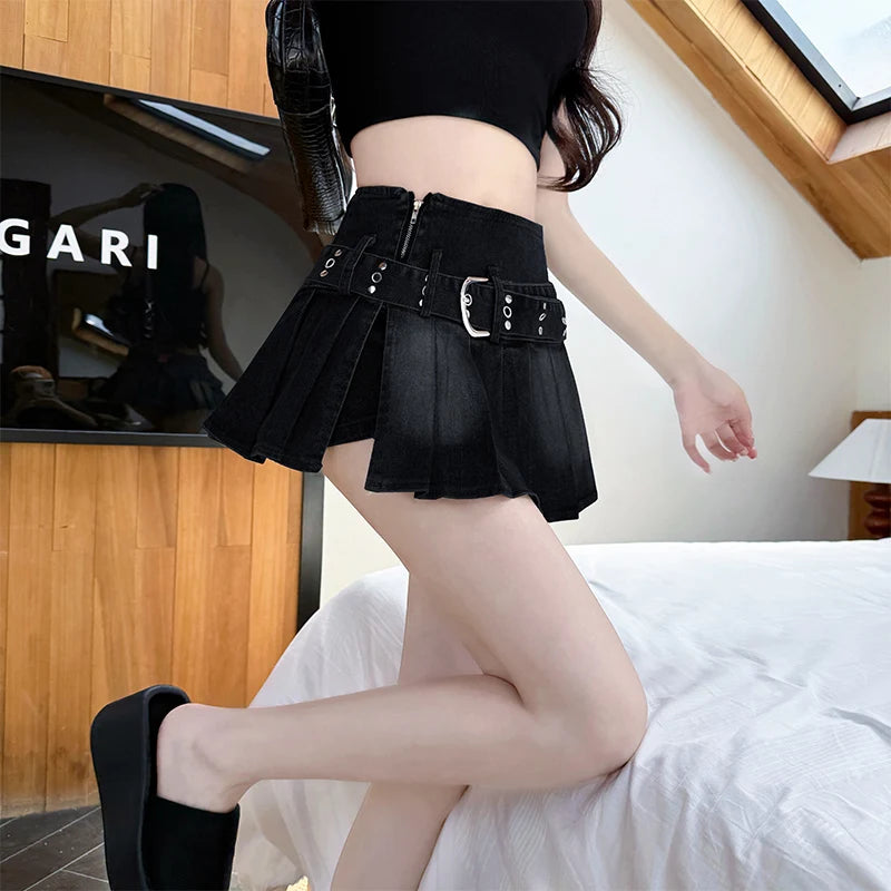 Sweet Sxey Denim Cake Skirt Women Retro Hight Waist A Line Mini Skirt Female Korean Fashion Casual Streetwear Pleated Skirt Y2K
