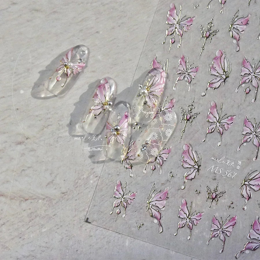 Shiny Jelly Butterfly Charming Golden Gradient Bowknot 5D Self Adhesive Nail Art Sticker Flower Petal Rhinestone Manicure Decals