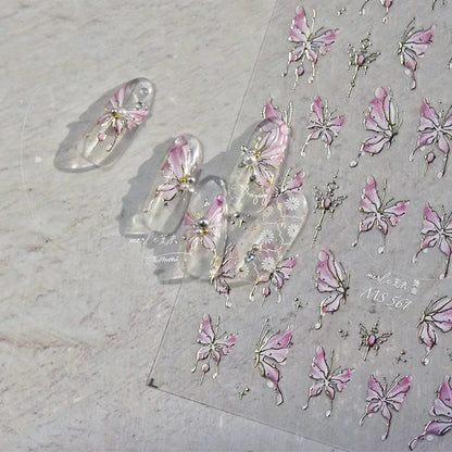 Shiny Jelly Butterfly Charming Golden Gradient Bowknot 5D Self Adhesive Nail Art Sticker Flower Petal Rhinestone Manicure Decals