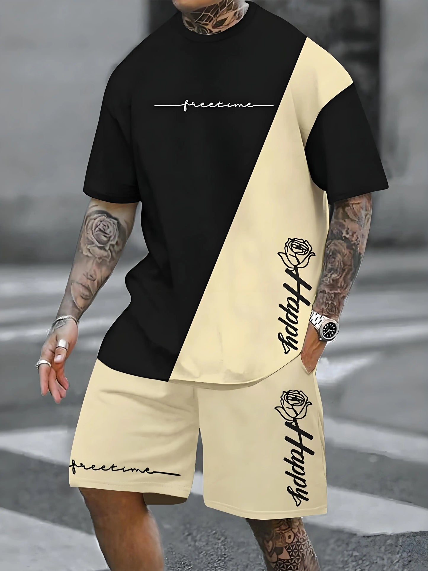 New Plus Size Men's T-shirt And Shorts Set Summer Casual Daily Men's Short Sleeve Top Urban Street Men's Fashion T Shirt Shorts