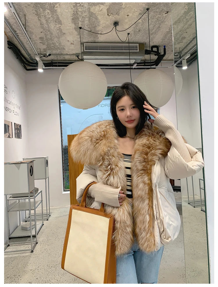 Oversized Winter Warm Real Fox Fur Collar Black Down Coat Women Puffer Outerwear Jackets 2024 Autumn Winter