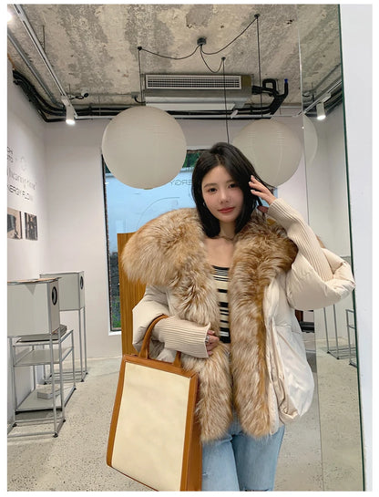 Oversized Winter Warm Real Fox Fur Collar Black Down Coat Women Puffer Outerwear Jackets 2024 Autumn Winter