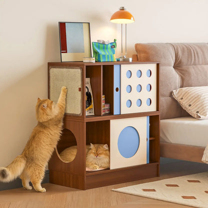 Triple-Function Cat House with Litter Box & Storage,Human-Pet Shared Furniture,Cat Tree Hut, Indoor Cat Den,Multi-Level Cat Fort