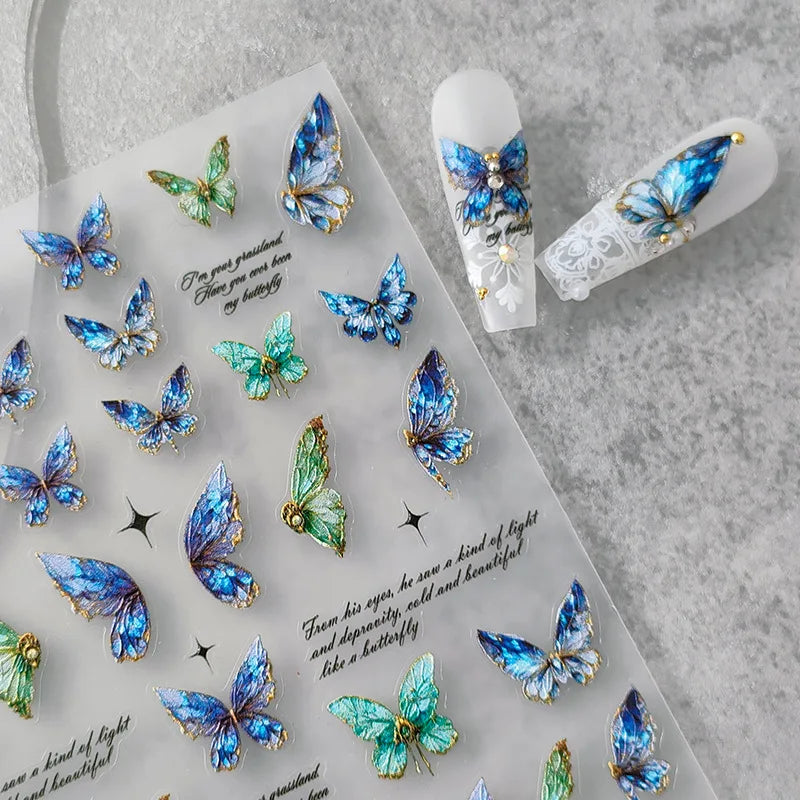 Pink Purple Aurora Shell Butterfly Nail Stickers Shiny Laser 3D Butterflies Nail Decals 8*10cm Adhesive Aurora Shell Butterfly N