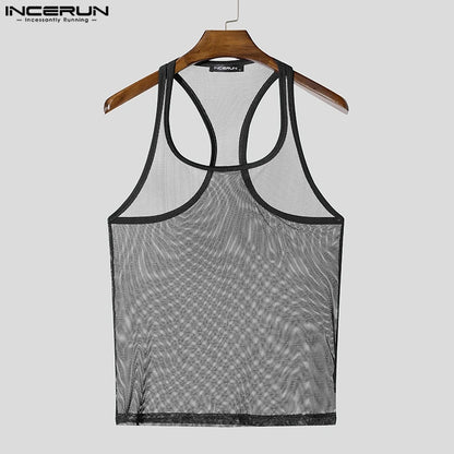 INCERUN Tops American Style Fashion Men Thin Perspective Mesh Vests Sexy Casual Streetwear Male Personality Sleeveless Tank Tops