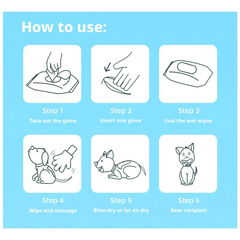 Pet No-Rinse Glove Wipes, 6 Pieces Per Box, 2 Boxes Set, Disposable Deodorizing Grooming Cleaning Gloves for Cats and Dogs