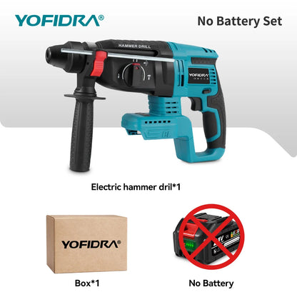 YOFIDRA Brushless Electric Hammer Impact Drill 26MM Cordless Woodworking Impact Drill Power Tools Set For Makita 18V Battery Pin