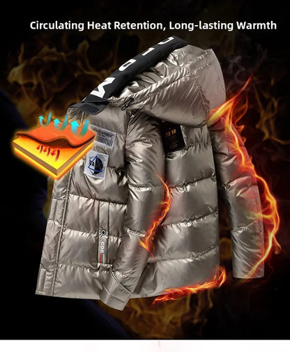 New Winter Men's down Jacket Thickened Short Bright Leather Fur Collar Warmth Anti-Cold Youth Short Stylish Polyester Fiber