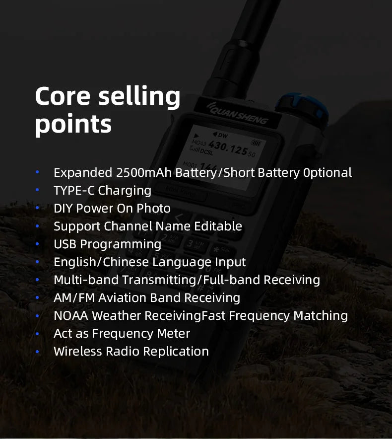 QUANSHENG K1 Air Band Walkie Talkie Wireless Copy Frequency Meter Type-C Charging NOAA Multi-Band Portable Two Way Radio UV