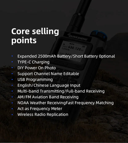 QUANSHENG K1 Air Band Walkie Talkie Wireless Copy Frequency Meter Type-C Charging NOAA Multi-Band Portable Two Way Radio UV