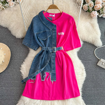 Retro Hong Kong Sle Chic Casual Mid-Length round Ne Patchwork Color Denim irt with Belt Spring New Women's Faion Top