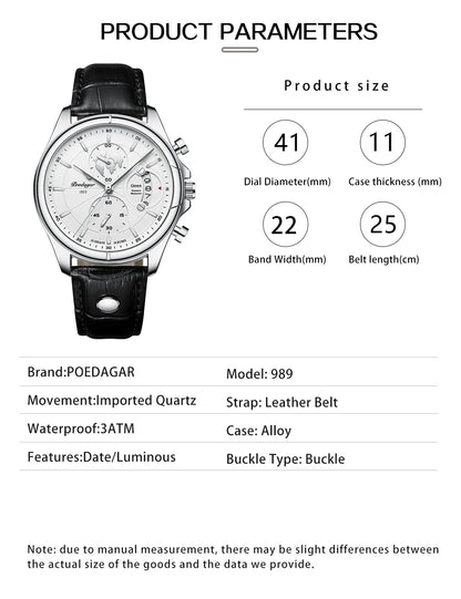 POEDAGAR Luxury Man Wristwatch Chronograph Date Waterproof Leather Men Watch Casual Quartz Men's Watches Sports Male Clock Reloj