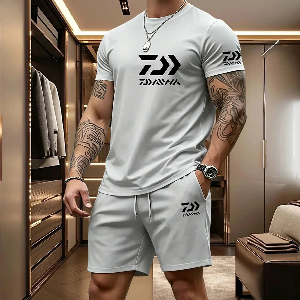 2026 Summer Men's Short Sleeved T-shirt Drawstring Shorts Set Breathable Outdoor Sports Set Men's Daily Fishing Suit