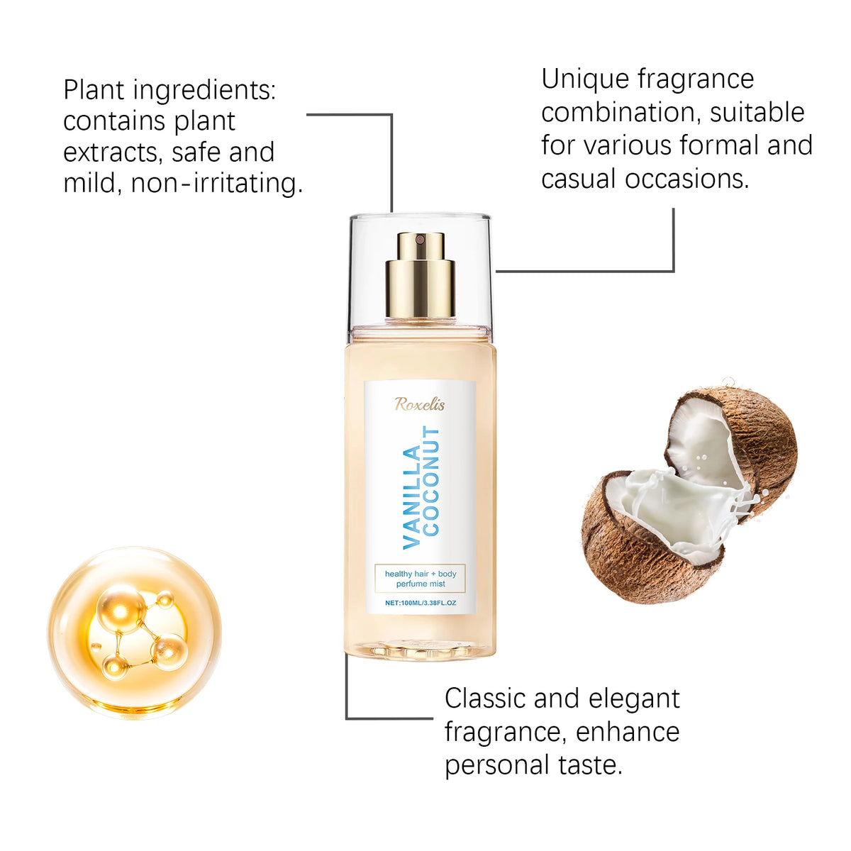 Vanilla Coconut Lady Body Cologne Natural Lasting Luxury Refreshing Light Fragrance Exudes Unique Charm Romantic Elegant Scents