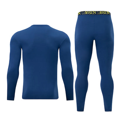 2-piece Men's Autumn And Winter Solid Color Round Neck Fashionable Printed Sports Thermal Underwear Set Simple And Comfortable