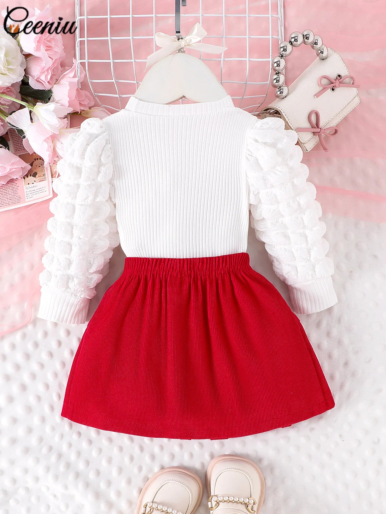 0-3Y Baby Girl Outfit Set 2pcs Puffy Sleeve Heart Shape Top and Corduroy Skirts Valentines Day Sweet Toddler Kids Clothes Girls