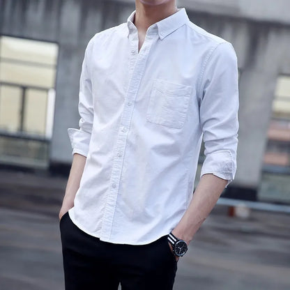 Classic Fit Cotton Full Casual Shirts for Men Solid Color Long-Sleeve Plain Shirt Single Pocket Top Soft Slim Fit Formal Clothes
