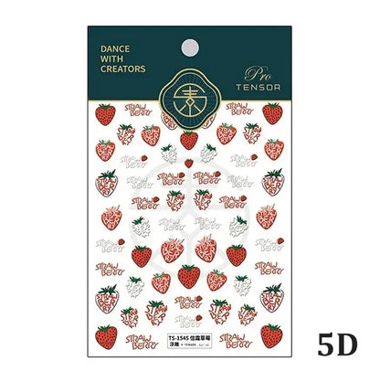 Fresh Sweet Fruits Strawberry Cherry Bowknot Love Heart Lemon 5D Nail Art Stickers Self Adhesive Decorations Nail Manicure Decal